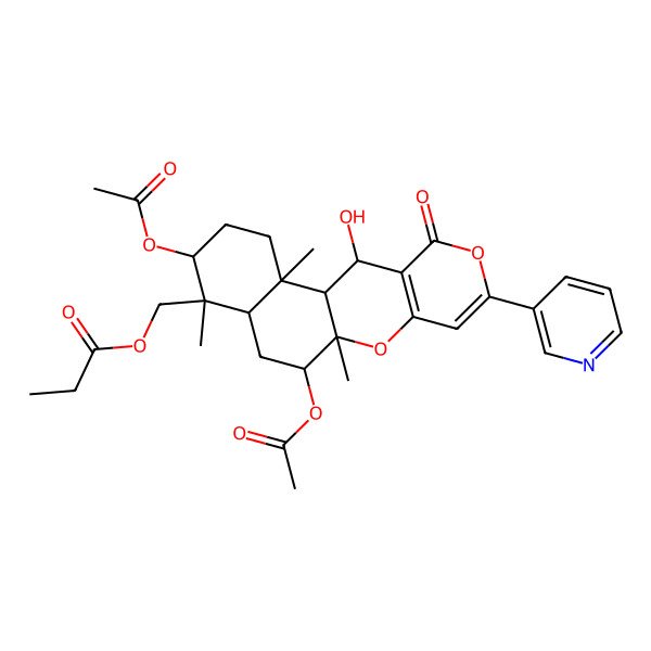2D Structure of [(1S,2S,5S,6R,7R,9S,10S,18R)-5,9-diacetyloxy-18-hydroxy-2,6,10-trimethyl-16-oxo-14-pyridin-3-yl-11,15-dioxatetracyclo[8.8.0.02,7.012,17]octadeca-12(17),13-dien-6-yl]methyl propanoate