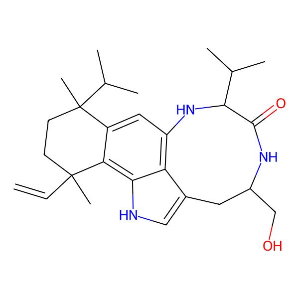 2D Structure of 17-Ethenyl-6-(hydroxymethyl)-14,17-dimethyl-9,14-di(propan-2-yl)-2,7,10-triazatetracyclo[9.7.1.04,19.013,18]nonadeca-1(18),3,11(19),12-tetraen-8-one