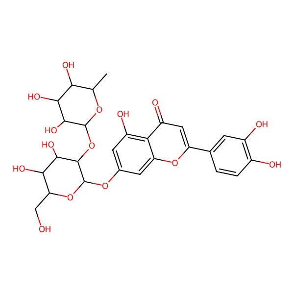 2D Structure of 7-[(2S,3R,4S,5S,6R)-4,5-dihydroxy-6-(hydroxymethyl)-3-[(2S,3R,4S,5R,6S)-3,4,5-trihydroxy-6-methyloxan-2-yl]oxyoxan-2-yl]oxy-2-(3,4-dihydroxyphenyl)-5-hydroxychromen-4-one