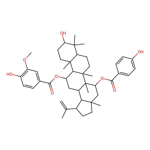 2D Structure of [9-Hydroxy-5-(4-hydroxybenzoyl)oxy-3a,5a,5b,8,8,11a-hexamethyl-1-prop-1-en-2-yl-1,2,3,4,5,6,7,7a,9,10,11,11b,12,13,13a,13b-hexadecahydrocyclopenta[a]chrysen-12-yl] 4-hydroxy-3-methoxybenzoate
