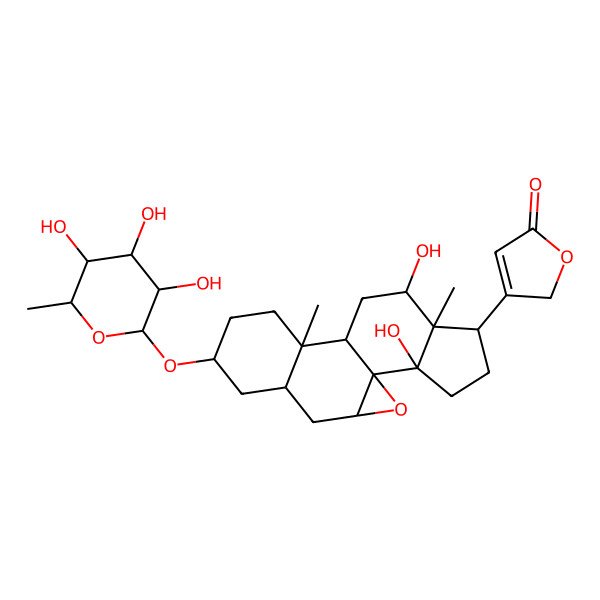 2D Structure of 3-[13,18-dihydroxy-10,14-dimethyl-7-(3,4,5-trihydroxy-6-methyloxan-2-yl)oxy-2-oxapentacyclo[9.7.0.01,3.05,10.014,18]octadecan-15-yl]-2H-furan-5-one