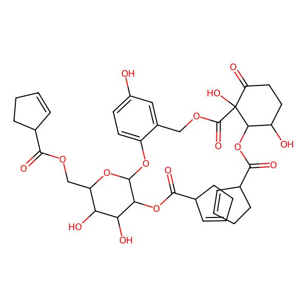 2D Structure of cis-[2-[(2S,3R,4S,5S,6R)-3-(cyclopent-2-ene-1-carbonyloxy)-6-(cyclopent-2-ene-1-carbonyloxymethyl)-4,5-dihydroxyoxan-2-yl]oxy-5-hydroxyphenyl]methyl (2R,3S)-2-(cyclopent-2-ene-1-carbonyloxy)-1,3-dihydroxy-6-oxocyclohexane-1-carboxylate