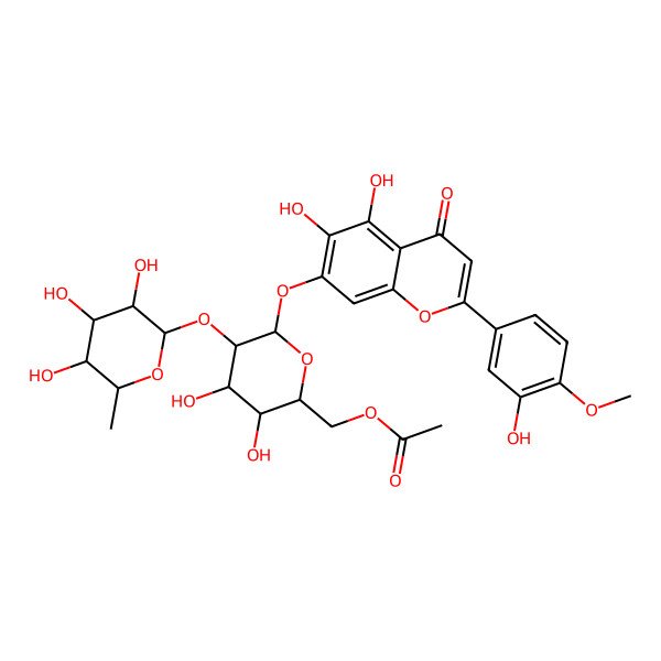2D Structure of [(2R,3S,4S,5R,6S)-6-[5,6-dihydroxy-2-(3-hydroxy-4-methoxyphenyl)-4-oxochromen-7-yl]oxy-3,4-dihydroxy-5-[(2R,3R,4R,5R,6S)-3,4,5-trihydroxy-6-methyloxan-2-yl]oxyoxan-2-yl]methyl acetate