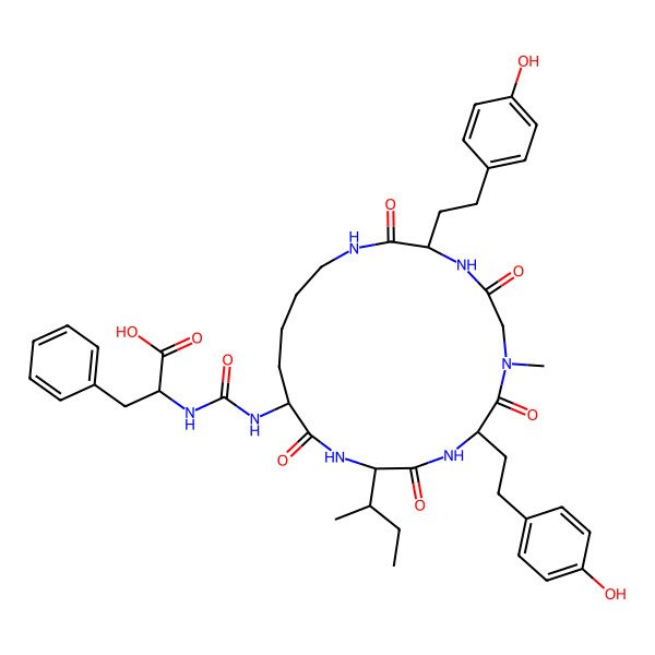 2D Structure of 2-[[12-Butan-2-yl-3,9-bis[2-(4-hydroxyphenyl)ethyl]-7-methyl-2,5,8,11,14-pentaoxo-1,4,7,10,13-pentazacyclononadec-15-yl]carbamoylamino]-3-phenylpropanoic acid