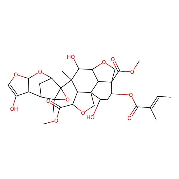 2D Structure of dimethyl (1S,5R,6S,7S,8R,11S,12R,14R,15R)-7,14-dihydroxy-6-[(1S,2S,6S,8S,9R,11S)-3-hydroxy-11-methyl-5,7,10-trioxatetracyclo[6.3.1.02,6.09,11]dodec-3-en-9-yl]-6-methyl-12-[(E)-2-methylbut-2-enoyl]oxy-3,9-dioxatetracyclo[6.6.1.01,5.011,15]pentadecane-4,11-dicarboxylate