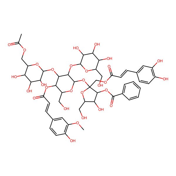 2D Structure of [(2S,3S,4R,5R)-2-[(2R,3R,4S,5R,6R)-4-[(2S,3R,4S,5S,6R)-6-(acetyloxymethyl)-3,4,5-trihydroxyoxan-2-yl]oxy-5-[(E)-3-(4-hydroxy-3-methoxyphenyl)prop-2-enoyl]oxy-6-(hydroxymethyl)-3-[(2S,3R,4S,5S,6R)-3,4,5-trihydroxy-6-(hydroxymethyl)oxan-2-yl]oxyoxan-2-yl]oxy-2-[[(E)-3-(3,4-dihydroxyphenyl)prop-2-enoyl]oxymethyl]-4-hydroxy-5-(hydroxymethyl)oxolan-3-yl] benzoate