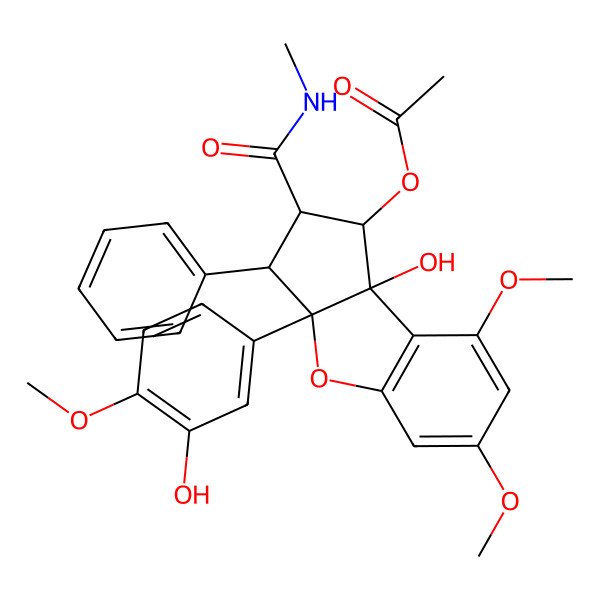 2D Structure of [8b-hydroxy-3a-(3-hydroxy-4-methoxyphenyl)-6,8-dimethoxy-2-(methylcarbamoyl)-3-phenyl-2,3-dihydro-1H-cyclopenta[b][1]benzofuran-1-yl] acetate