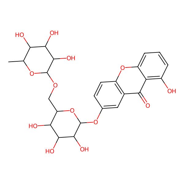 2D Structure of 1-hydroxy-7-[(2S,3R,4S,5S,6R)-3,4,5-trihydroxy-6-[[(2R,3R,4R,5R,6S)-3,4,5-trihydroxy-6-methyloxan-2-yl]oxymethyl]oxan-2-yl]oxyxanthen-9-one