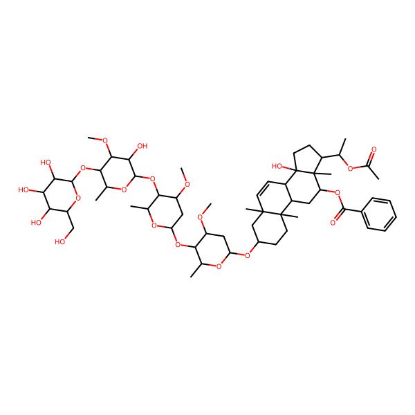 2D Structure of [(3S,5R,10R,12R,13S,14S,17S)-17-(1-acetyloxyethyl)-14-hydroxy-3-[(2R,4R,5R)-5-[(2S,4R,5R)-5-[(2S,4R,5R)-3-hydroxy-4-methoxy-6-methyl-5-[(2S,4S,5S)-3,4,5-trihydroxy-6-(hydroxymethyl)oxan-2-yl]oxyoxan-2-yl]oxy-4-methoxy-6-methyloxan-2-yl]oxy-4-methoxy-6-methyloxan-2-yl]oxy-5,10,13-trimethyl-2,3,4,8,9,11,12,15,16,17-decahydro-1H-cyclopenta[a]phenanthren-12-yl] benzoate