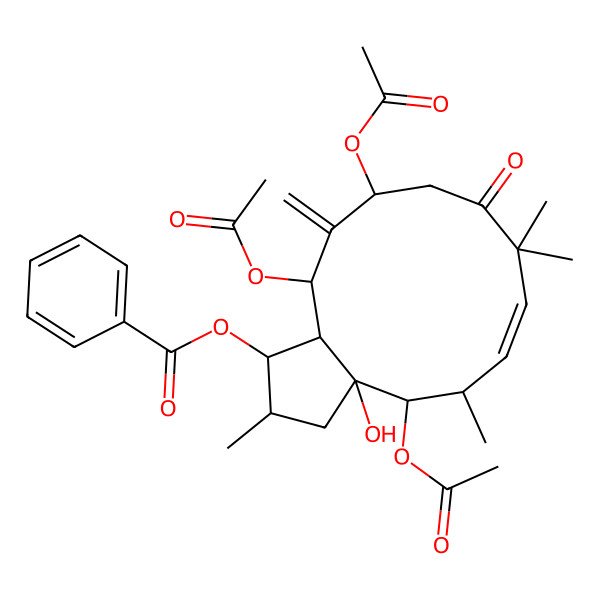 2D Structure of (4,11,13-triacetyloxy-3a-hydroxy-2,5,8,8-tetramethyl-12-methylidene-9-oxo-2,3,4,5,10,11,13,13a-octahydro-1H-cyclopenta[12]annulen-1-yl) benzoate