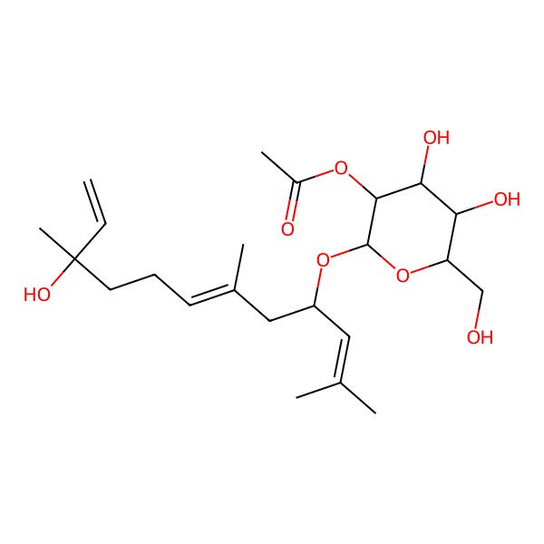 2D Structure of [(2R,3R,4S,5S,6R)-4,5-dihydroxy-6-(hydroxymethyl)-2-[(4S,6E,10R)-10-hydroxy-2,6,10-trimethyldodeca-2,6,11-trien-4-yl]oxyoxan-3-yl] acetate