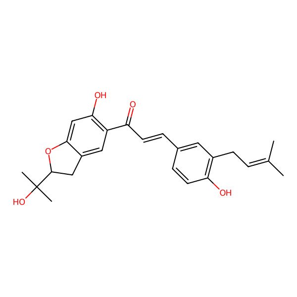 2D Structure of (E)-1-[(2S)-6-hydroxy-2-(2-hydroxypropan-2-yl)-2,3-dihydro-1-benzofuran-5-yl]-3-[4-hydroxy-3-(3-methylbut-2-enyl)phenyl]prop-2-en-1-one