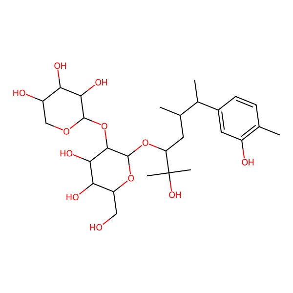 2D Structure of (2R,3S,4R,5R)-2-[(2S,3R,4S,5S,6R)-4,5-dihydroxy-2-[(3R,5R)-2-hydroxy-6-(3-hydroxy-4-methylphenyl)-2,5-dimethylheptan-3-yl]oxy-6-(hydroxymethyl)oxan-3-yl]oxyoxane-3,4,5-triol