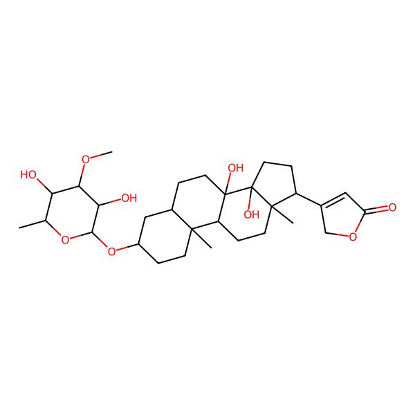 2D Structure of 3-[3-(3,5-dihydroxy-4-methoxy-6-methyloxan-2-yl)oxy-8,14-dihydroxy-10,13-dimethyl-2,3,4,5,6,7,9,11,12,15,16,17-dodecahydro-1H-cyclopenta[a]phenanthren-17-yl]-2H-furan-5-one