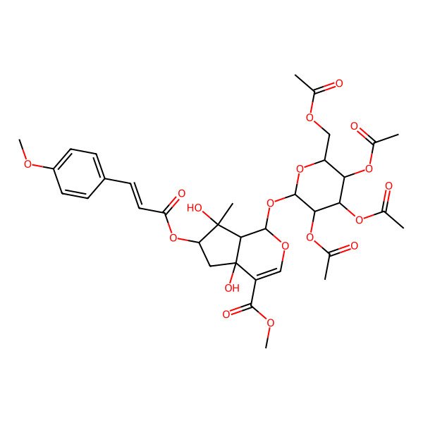 2D Structure of methyl (1S,4aR,6S,7R,7aS)-4a,7-dihydroxy-6-[(E)-3-(4-methoxyphenyl)prop-2-enoyl]oxy-7-methyl-1-[(2S,3R,4S,5R,6R)-3,4,5-triacetyloxy-6-(acetyloxymethyl)oxan-2-yl]oxy-1,5,6,7a-tetrahydrocyclopenta[c]pyran-4-carboxylate