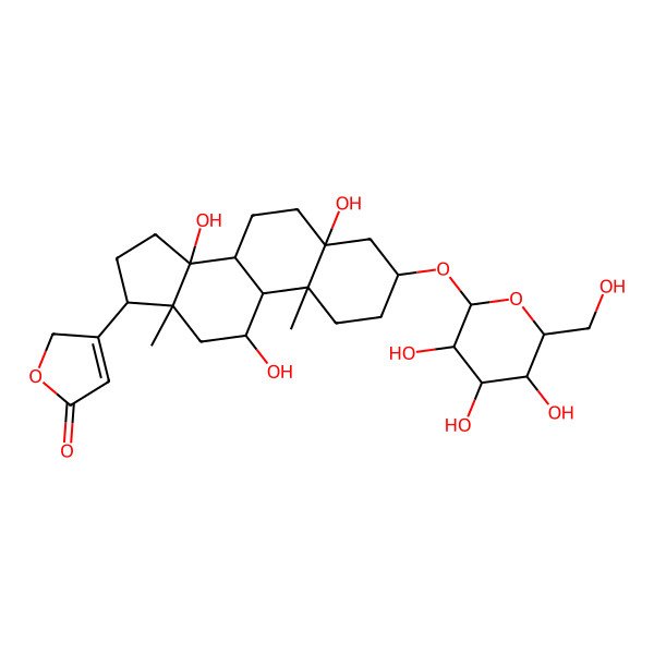 2D Structure of 3-[(3S,5S,8R,9S,10R,11R,13R,14S,17R)-5,11,14-trihydroxy-10,13-dimethyl-3-[(2S,3R,4S,5S,6R)-3,4,5-trihydroxy-6-(hydroxymethyl)oxan-2-yl]oxy-2,3,4,6,7,8,9,11,12,15,16,17-dodecahydro-1H-cyclopenta[a]phenanthren-17-yl]-2H-furan-5-one