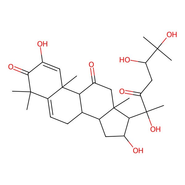 2D Structure of (8S,9R,10S,13S,14S,16R,17R)-2,16-dihydroxy-4,4,10,13-tetramethyl-17-[(2R,5R)-2,5,6-trihydroxy-6-methyl-3-oxoheptan-2-yl]-7,8,9,12,14,15,16,17-octahydrocyclopenta[a]phenanthrene-3,11-dione