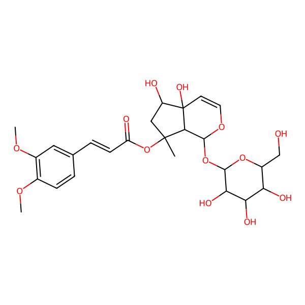 2D Structure of [4a,5-Dihydroxy-7-methyl-1-[3,4,5-trihydroxy-6-(hydroxymethyl)oxan-2-yl]oxy-1,5,6,7a-tetrahydrocyclopenta[c]pyran-7-yl] 3-(3,4-dimethoxyphenyl)prop-2-enoate