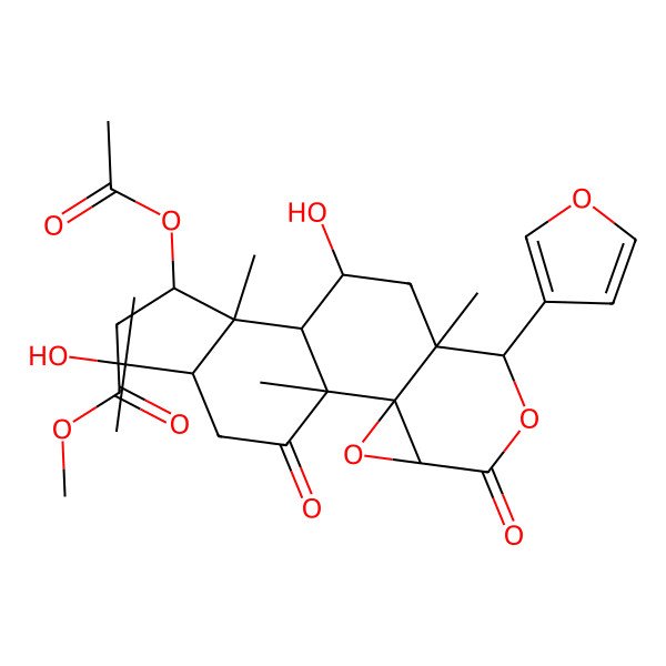 2D Structure of methyl (3S)-3-acetyloxy-3-[(1R,2R,5R,6R,7R,8S,10S,11S,14S)-11-(furan-3-yl)-8-hydroxy-5-(2-hydroxypropan-2-yl)-2,6,10-trimethyl-3,13-dioxo-12,15-dioxatetracyclo[8.5.0.01,14.02,7]pentadecan-6-yl]propanoate