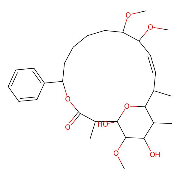 2D Structure of (1R,2S,5S,10S,11R,12E,14S,15R,16S,17S,18R)-1,17-dihydroxy-10,11,18-trimethoxy-2,14,16-trimethyl-5-phenyl-4,19-dioxabicyclo[13.3.1]nonadec-12-en-3-one