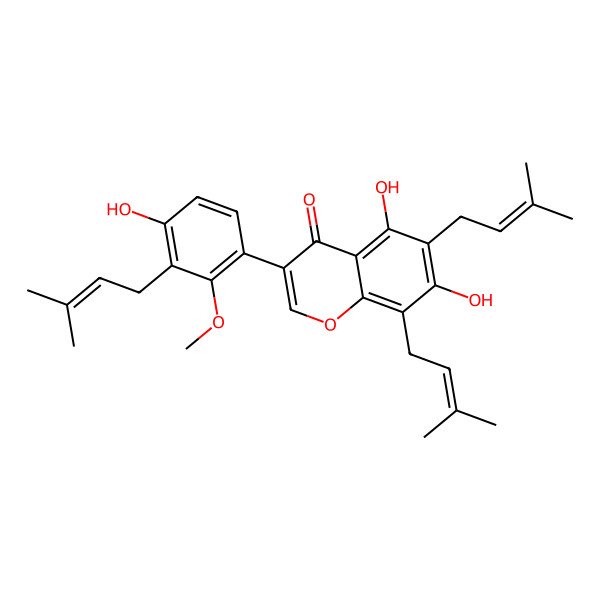 2D Structure of 5,7-Dihydroxy-3-[4-hydroxy-2-methoxy-3-(3-methylbut-2-enyl)phenyl]-6,8-bis(3-methylbut-2-enyl)chromen-4-one