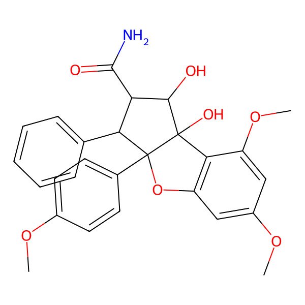 2D Structure of (1S,2S,3S,3aR,8bS)-1,8b-dihydroxy-6,8-dimethoxy-3a-(4-methoxyphenyl)-3-phenyl-2,3-dihydro-1H-cyclopenta[b][1]benzofuran-2-carboxamide