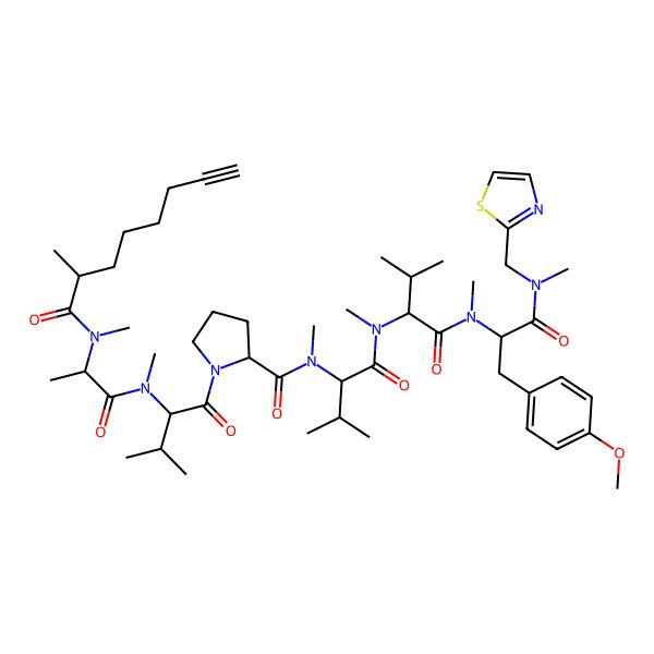 2D Structure of N-[1-[[1-[[3-(4-methoxyphenyl)-1-[methyl(1,3-thiazol-2-ylmethyl)amino]-1-oxopropan-2-yl]-methylamino]-3-methyl-1-oxobutan-2-yl]-methylamino]-3-methyl-1-oxobutan-2-yl]-N-methyl-1-[3-methyl-2-[methyl-[2-[methyl(2-methyloct-7-ynoyl)amino]propanoyl]amino]butanoyl]pyrrolidine-2-carboxamide