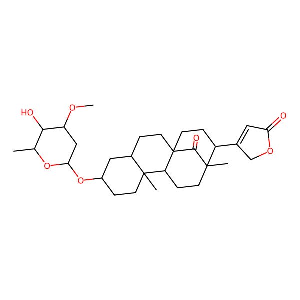 2D Structure of 3-[(1R,4R,6S,9S,10R,13R,14R)-6-[(2R,4S,5S,6S)-5-hydroxy-4-methoxy-6-methyloxan-2-yl]oxy-9,13-dimethyl-17-oxo-14-tetracyclo[11.3.1.01,10.04,9]heptadecanyl]-2H-furan-5-one