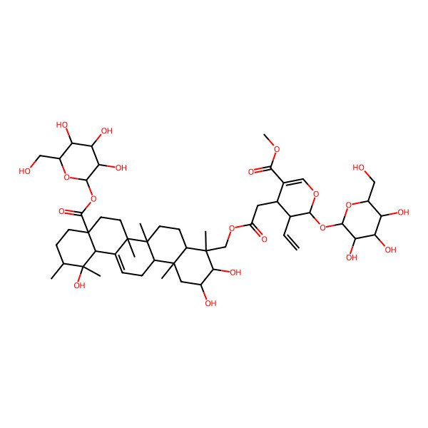 2D Structure of methyl (2S,3R,4S)-4-[2-[[(2R,3R,4S,4aR,6aR,6bS,8aS,11R,12R,12aS,14aR,14bR)-2,3,12-trihydroxy-4,6a,6b,11,12,14b-hexamethyl-8a-[(2S,3R,4S,5S,6R)-3,4,5-trihydroxy-6-(hydroxymethyl)oxan-2-yl]oxycarbonyl-1,2,3,4a,5,6,7,8,9,10,11,12a,14,14a-tetradecahydropicen-4-yl]methoxy]-2-oxoethyl]-3-ethenyl-2-[(2S,3R,4S,5S,6R)-3,4,5-trihydroxy-6-(hydroxymethyl)oxan-2-yl]oxy-3,4-dihydro-2H-pyran-5-carboxylate