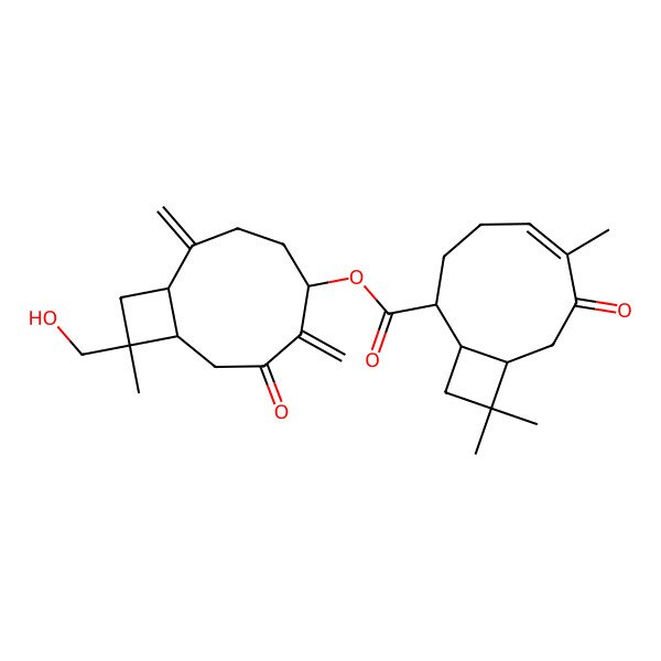 2D Structure of [10-(Hydroxymethyl)-10-methyl-2,6-dimethylidene-7-oxo-5-bicyclo[7.2.0]undecanyl] 6,10,10-trimethyl-7-oxobicyclo[7.2.0]undec-5-ene-2-carboxylate