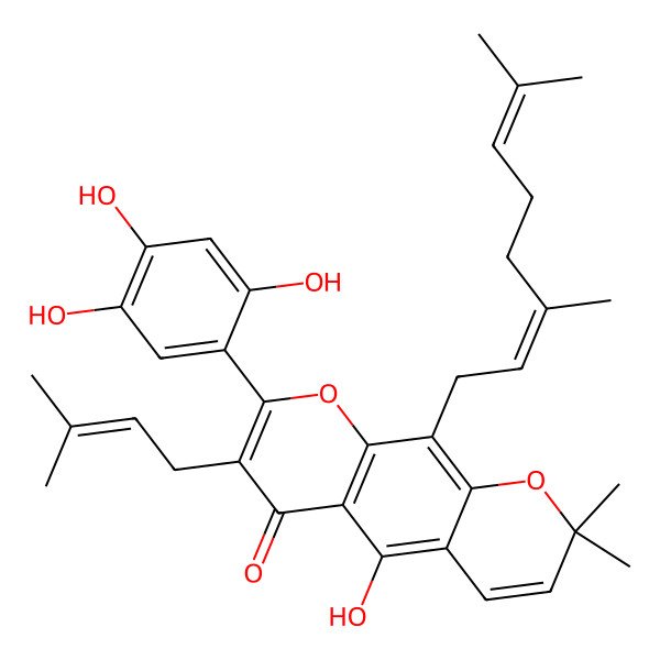 2D Structure of 10-(3,7-Dimethylocta-2,6-dienyl)-5-hydroxy-2,2-dimethyl-7-(3-methylbut-2-enyl)-8-(2,4,5-trihydroxyphenyl)pyrano[3,2-g]chromen-6-one