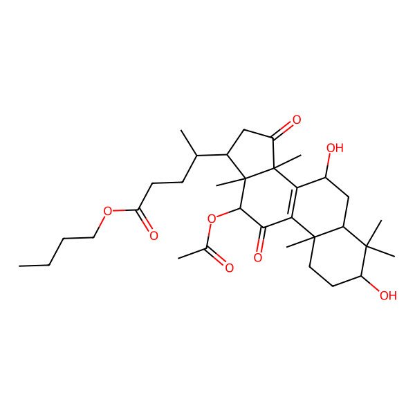 2D Structure of butyl 4-(12-acetyloxy-3,7-dihydroxy-4,4,10,13,14-pentamethyl-11,15-dioxo-2,3,5,6,7,12,16,17-octahydro-1H-cyclopenta[a]phenanthren-17-yl)pentanoate