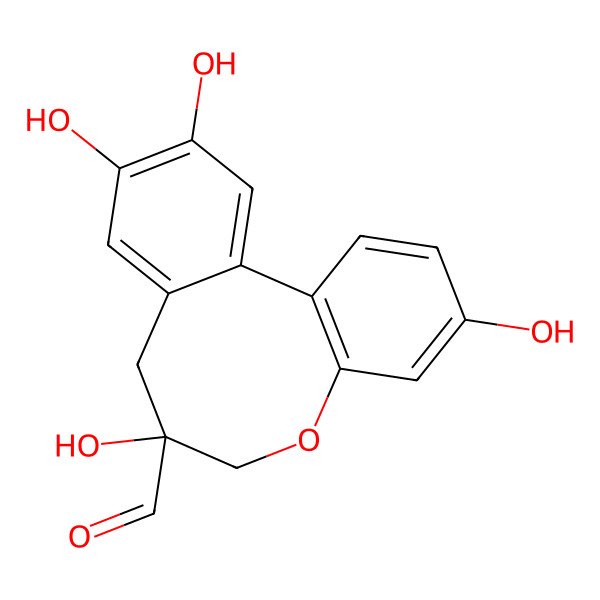 2D Structure of 5,10,14,15-Tetrahydroxy-8-oxatricyclo[10.4.0.02,7]hexadeca-1(16),2(7),3,5,12,14-hexaene-10-carbaldehyde
