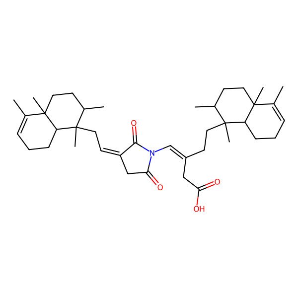 2D Structure of (3E)-5-[(1S,2R,4aR,8aR)-1,2,4a,5-tetramethyl-2,3,4,7,8,8a-hexahydronaphthalen-1-yl]-3-[[(3E)-3-[2-[(1S,2R,4aR,8aR)-1,2,4a,5-tetramethyl-2,3,4,7,8,8a-hexahydronaphthalen-1-yl]ethylidene]-2,5-dioxopyrrolidin-1-yl]methylidene]pentanoic acid