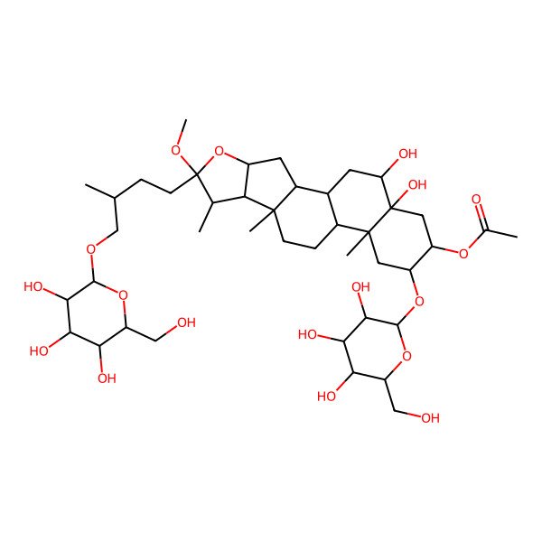 2D Structure of [(1S,2S,4S,6S,7S,8R,9S,12S,13R,15R,16R,18R,19R)-18,19-dihydroxy-6-methoxy-7,9,13-trimethyl-6-[(3R)-3-methyl-4-[(2R,3R,4S,5S,6R)-3,4,5-trihydroxy-6-(hydroxymethyl)oxan-2-yl]oxybutyl]-15-[(2R,3R,4S,5S,6R)-3,4,5-trihydroxy-6-(hydroxymethyl)oxan-2-yl]oxy-5-oxapentacyclo[10.8.0.02,9.04,8.013,18]icosan-16-yl] acetate