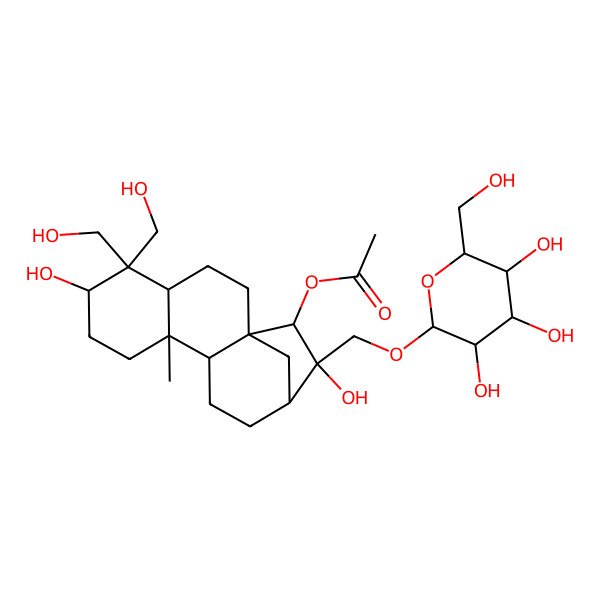 2D Structure of [6,14-Dihydroxy-5,5-bis(hydroxymethyl)-9-methyl-14-[[3,4,5-trihydroxy-6-(hydroxymethyl)oxan-2-yl]oxymethyl]-15-tetracyclo[11.2.1.01,10.04,9]hexadecanyl] acetate