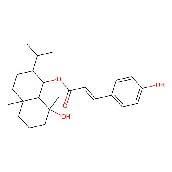 2D Structure of (8-Hydroxy-4a,8-dimethyl-2-propan-2-yl-1,2,3,4,5,6,7,8a-octahydronaphthalen-1-yl) 3-(4-hydroxyphenyl)prop-2-enoate
