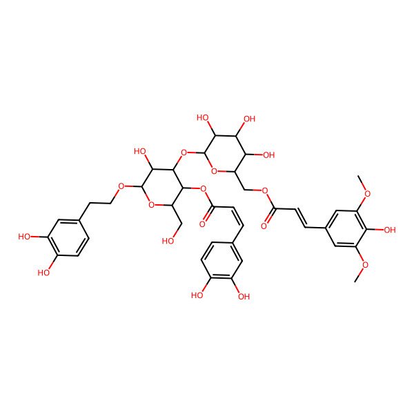 2D Structure of [(2R,3R,4R,5R,6R)-6-[2-(3,4-dihydroxyphenyl)ethoxy]-5-hydroxy-2-(hydroxymethyl)-4-[(2S,3R,4S,5S,6R)-3,4,5-trihydroxy-6-[[(E)-3-(4-hydroxy-3,5-dimethoxyphenyl)prop-2-enoyl]oxymethyl]oxan-2-yl]oxyoxan-3-yl] (E)-3-(3,4-dihydroxyphenyl)prop-2-enoate