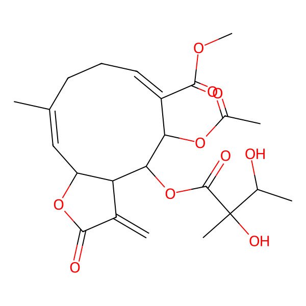 2D Structure of methyl (3aS,4S,5S,6Z,10Z,11aS)-5-acetyloxy-4-[(2S,3R)-2,3-dihydroxy-2-methylbutanoyl]oxy-10-methyl-3-methylidene-2-oxo-3a,4,5,8,9,11a-hexahydrocyclodeca[b]furan-6-carboxylate