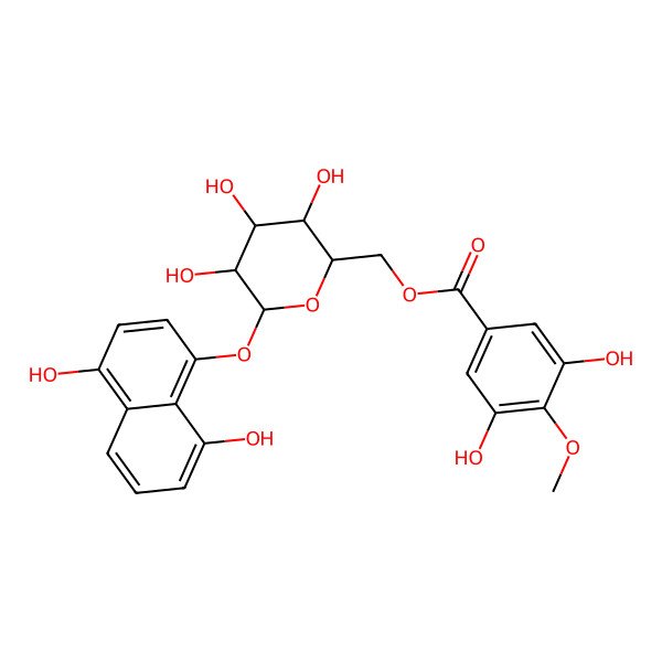 2D Structure of [6-(4,8-Dihydroxynaphthalen-1-yl)oxy-3,4,5-trihydroxyoxan-2-yl]methyl 3,5-dihydroxy-4-methoxybenzoate