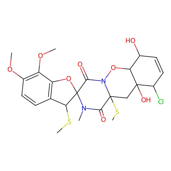 2D Structure of 10'-chloro-7',10'a-dihydroxy-6,7-dimethoxy-2'-methyl-3,11'a-bis(methylsulfanyl)spiro[3H-1-benzofuran-2,3'-6a,7,10,11-tetrahydropyrazino[1,2-b][1,2]benzoxazine]-1',4'-dione