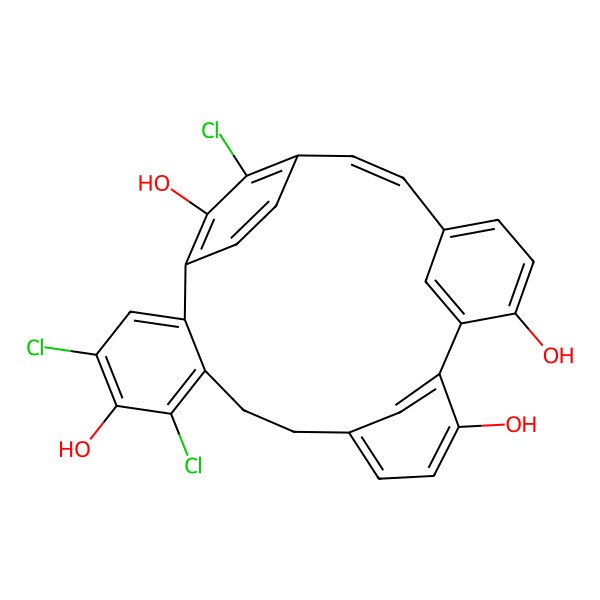 2D Structure of (20E)-4,6,23-trichloropentacyclo[20.2.2.110,14.115,19.02,7]octacosa-1(24),2,4,6,10(28),11,13,15,17,19(27),20,22,25-tridecaene-5,13,16,24-tetrol