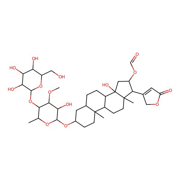 2D Structure of (3beta,5beta,16beta)-3-((6-Deoxy-4-O-beta-D-glucopyranosyl-3-O-methyl-beta-D-galactopyranosyl)oxy)-14,16-dihydroxycard-20(22)-enolide 16-formate