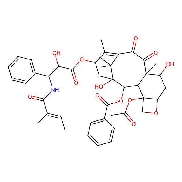 2D Structure of [(1S,2S,3R,4S,7R,9R,10S,15S)-4-acetyloxy-1,9-dihydroxy-15-[(2R,3S)-2-hydroxy-3-[[(E)-2-methylbut-2-enoyl]amino]-3-phenylpropanoyl]oxy-10,14,17,17-tetramethyl-11,12-dioxo-6-oxatetracyclo[11.3.1.03,10.04,7]heptadec-13-en-2-yl] benzoate