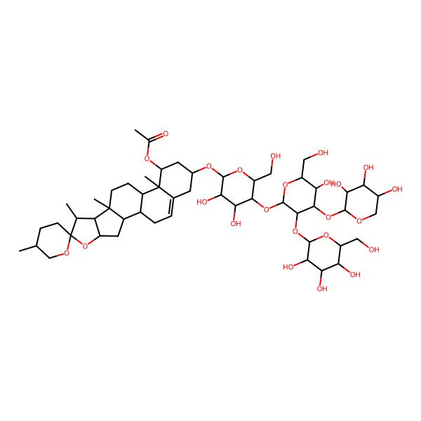 2D Structure of [(1S,2S,4S,5'S,6R,7S,8R,9S,12S,13R,14R,16R)-16-[(2R,3R,4R,5R,6R)-3,4-dihydroxy-5-[(2S,3R,4S,5R,6R)-5-hydroxy-6-(hydroxymethyl)-3-[(2S,3R,4S,5S,6R)-3,4,5-trihydroxy-6-(hydroxymethyl)oxan-2-yl]oxy-4-[(2S,3R,4S,5R)-3,4,5-trihydroxyoxan-2-yl]oxyoxan-2-yl]oxy-6-(hydroxymethyl)oxan-2-yl]oxy-5',7,9,13-tetramethylspiro[5-oxapentacyclo[10.8.0.02,9.04,8.013,18]icos-18-ene-6,2'-oxane]-14-yl] acetate