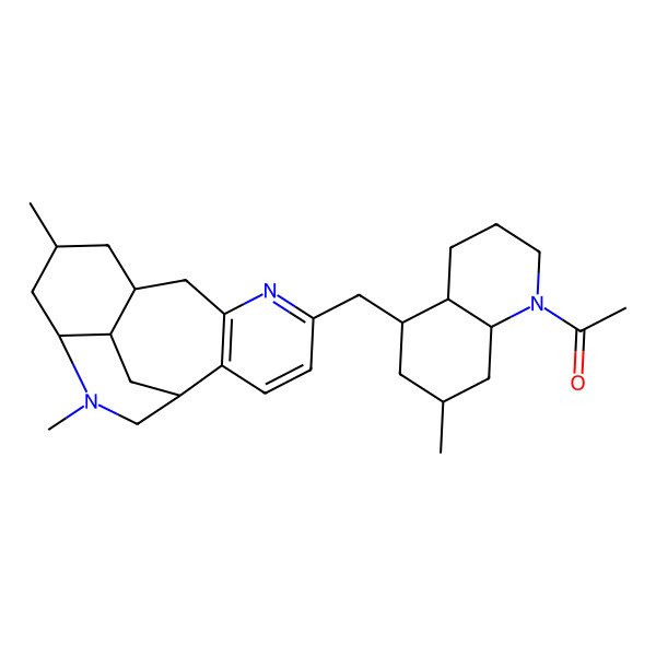 2D Structure of 1-[(4aS,5R,7S,8aR)-5-[[(1S,9S,11R,13S,17R)-11,14-dimethyl-6,14-diazatetracyclo[7.6.2.02,7.013,17]heptadeca-2(7),3,5-trien-5-yl]methyl]-7-methyl-3,4,4a,5,6,7,8,8a-octahydro-2H-quinolin-1-yl]ethanone