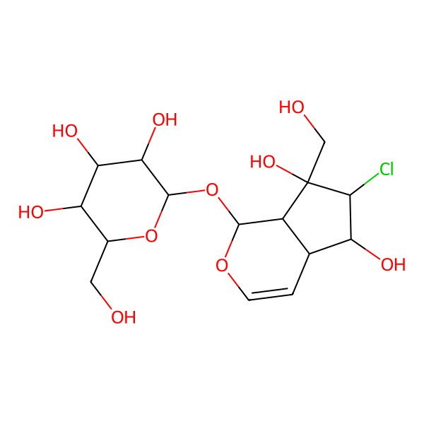 2D Structure of (2S,3R,4S,5S,6R)-2-[[(1S,4aS,5S,6R,7S,7aR)-6-chloro-5,7-dihydroxy-7-(hydroxymethyl)-4a,5,6,7a-tetrahydro-1H-cyclopenta[c]pyran-1-yl]oxy]-6-(hydroxymethyl)oxane-3,4,5-triol
