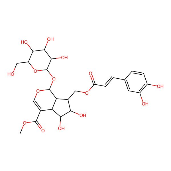 2D Structure of methyl (1S,4aS,5S,6R,7S,7aS)-7-[[(E)-3-(3,4-dihydroxyphenyl)prop-2-enoyl]oxymethyl]-5,6-dihydroxy-1-[(2S,3R,4S,5S,6R)-3,4,5-trihydroxy-6-(hydroxymethyl)oxan-2-yl]oxy-1,4a,5,6,7,7a-hexahydrocyclopenta[c]pyran-4-carboxylate