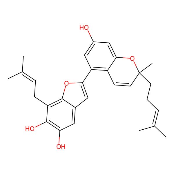 2D Structure of 2-[7-Hydroxy-2-methyl-2-(4-methylpent-3-enyl)chromen-5-yl]-7-(3-methylbut-2-enyl)-1-benzofuran-5,6-diol