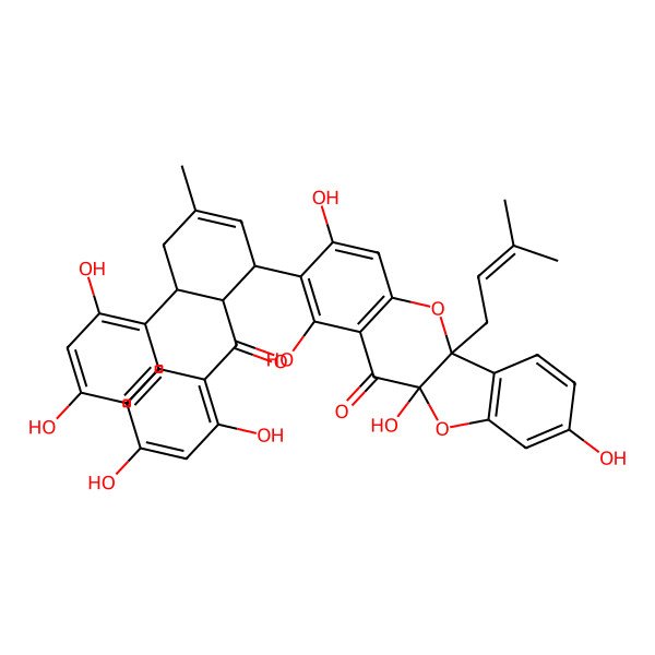 2D Structure of (5aR,10aS)-2-[6-(2,4-dihydroxybenzoyl)-5-(2,4-dihydroxyphenyl)-3-methylcyclohex-2-en-1-yl]-1,3,8,10a-tetrahydroxy-5a-(3-methylbut-2-enyl)-[1]benzofuro[3,2-b]chromen-11-one